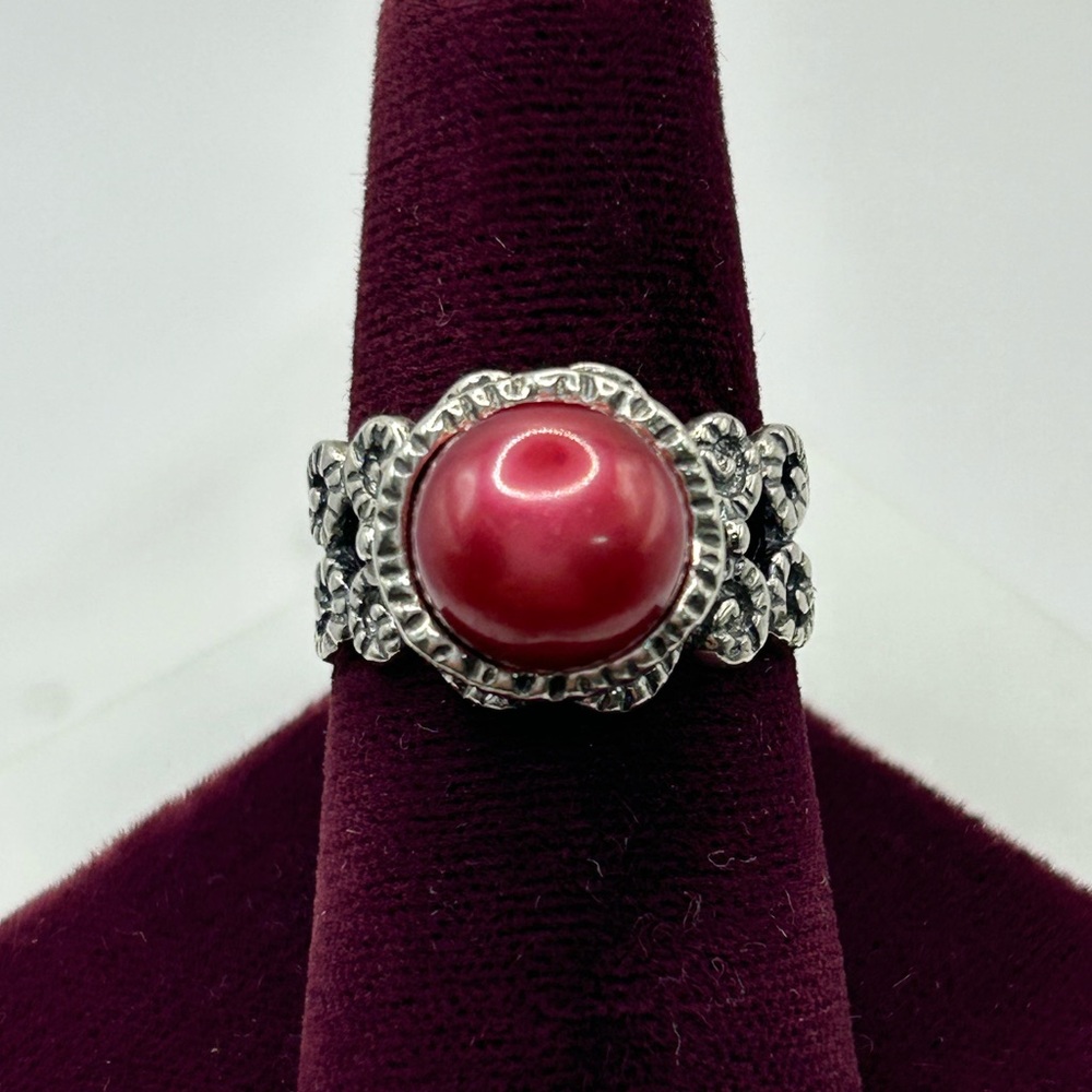 Signed DIDAE Israel Sterling Silver Dyed Red Pearl Ring Size 9